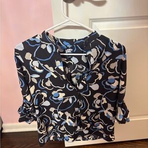 Lands' End Women's Black and Blue Patterned Blouse